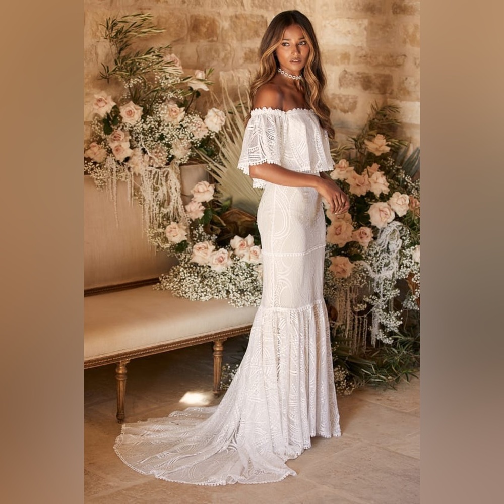 Lulus In My Life White Lace Off-the-Shoulder Mermaid Maxi Dress - Medium
